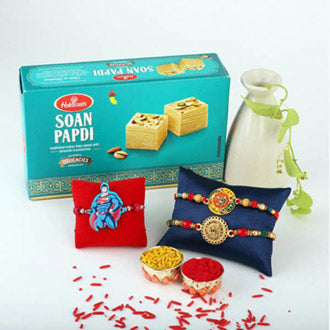1 Spider Man Rakhi And 2 Simple Rakhi With Soan Papdi