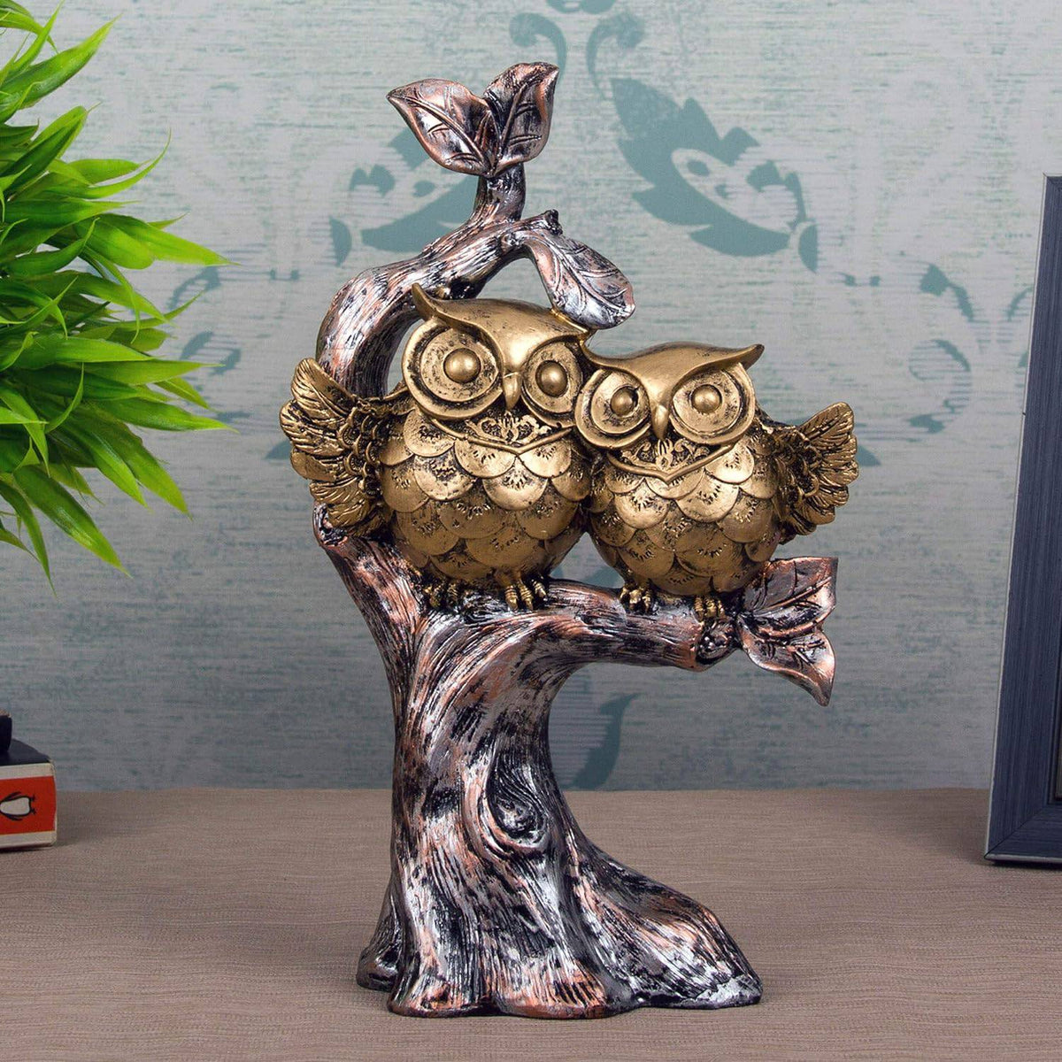 Handcrafted Owl Couple on Tree Showpiece Bird Statue for Home Décor Living Room Bedroom Table Top Antique Garden Decoration Items (26 X 17 cm)