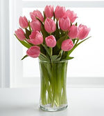 10 Pink Tulips In Glass Vase