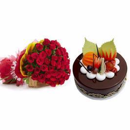 20 Red Roses And Chocolate Cake Combo
