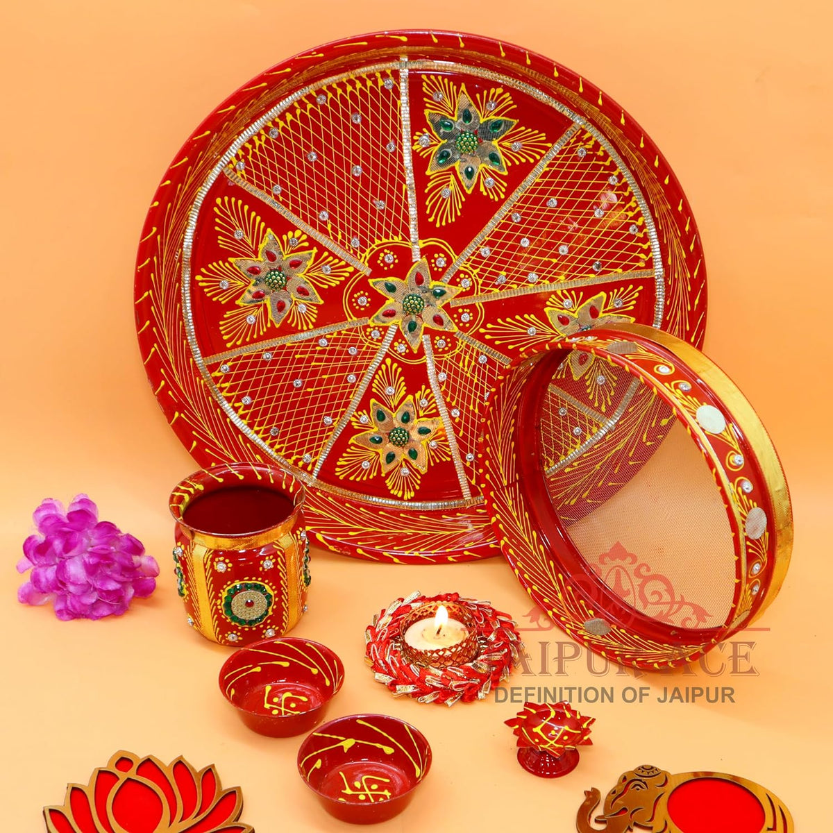 Ace Karwa Chauth Traditional and Decorative Pooja Thali Set | Stainless Steel Thali Set | Lota, Kalash, Diya, and Bowls | Trafitional Poooja Thalis | Channi Lota Included (Pattern 9)
