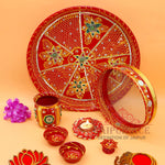 Ace Karwa Chauth Traditional and Decorative Pooja Thali Set | Stainless Steel Thali Set | Lota, Kalash, Diya, and Bowls | Trafitional Poooja Thalis | Channi Lota Included (Pattern 9)