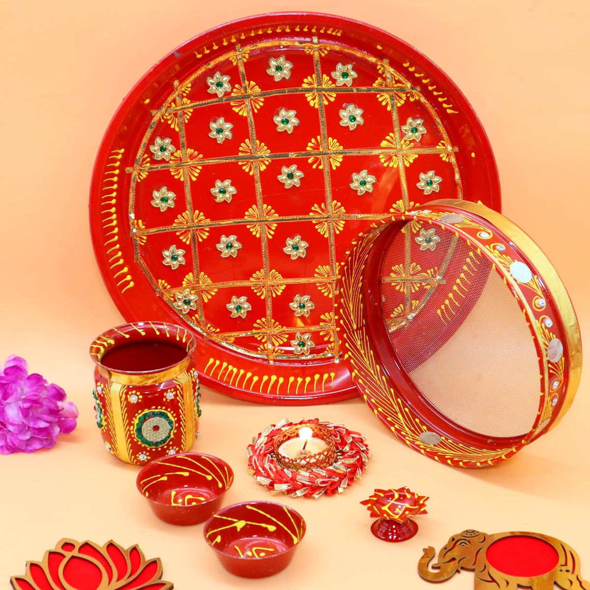 Ace Karwa Chauth Traditional and Decorative Pooja Thali Set | Stainless Steel Thali Set | Lota, Kalash, Diya, and Bowls | Trafitional Poooja Thalis | Channi Lota Included (Pattern 9)