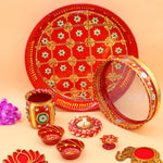 Ace Karwa Chauth Traditional and Decorative Pooja Thali Set | Stainless Steel Thali Set | Lota, Kalash, Diya, and Bowls | Trafitional Poooja Thalis | Channi Lota Included (Pattern 9)