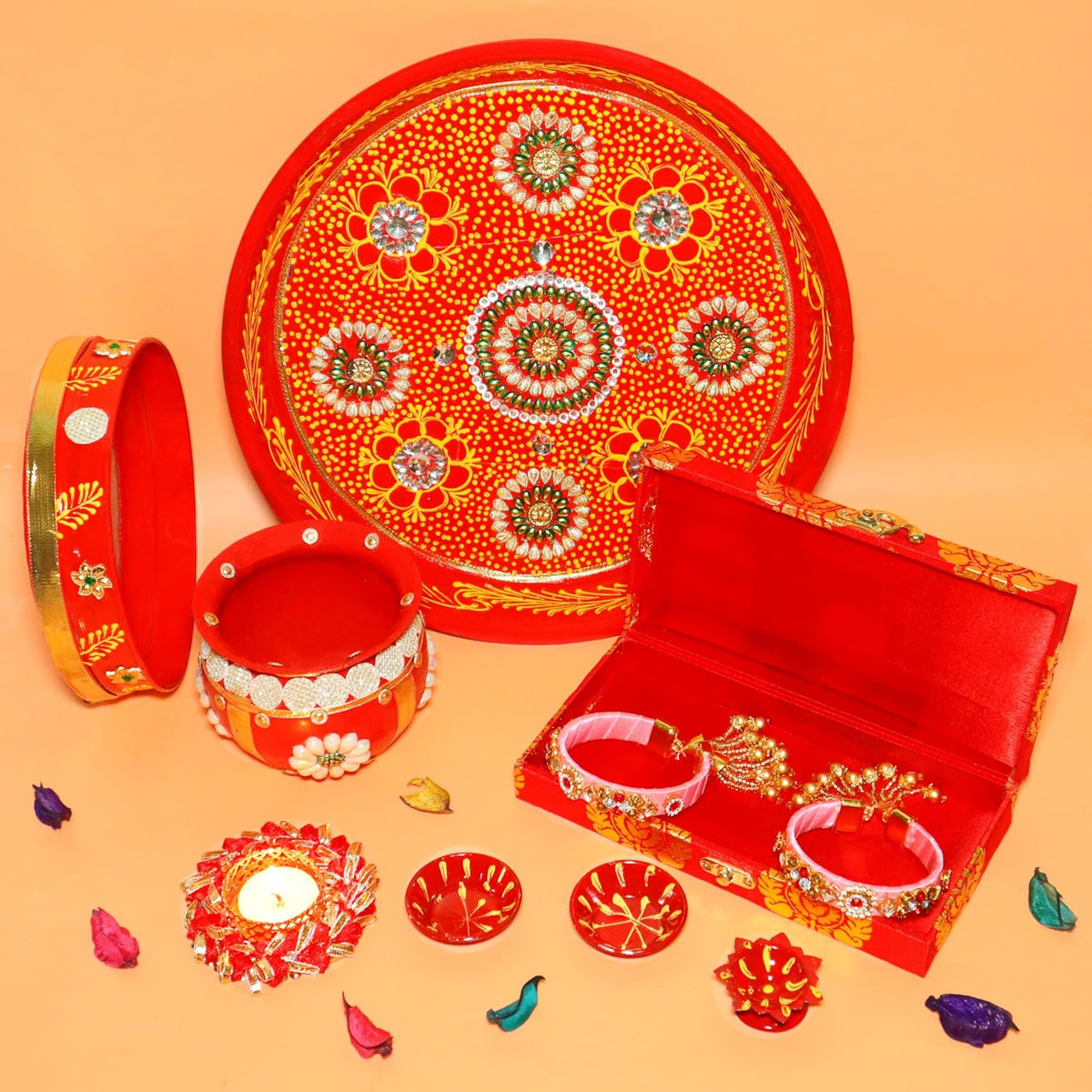 Ace Karwa Chauth Traditional and Decorative Pooja Thali Set | Stainless Steel Thali Set | Lota, Kalash, Diya, and Bowls | Trafitional Poooja Thalis | Channi Lota Included (Pattern 9)