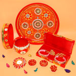 Ace Karwa Chauth Traditional and Decorative Pooja Thali Set | Stainless Steel Thali Set | Lota, Kalash, Diya, and Bowls | Trafitional Poooja Thalis | Channi Lota Included (Pattern 9)