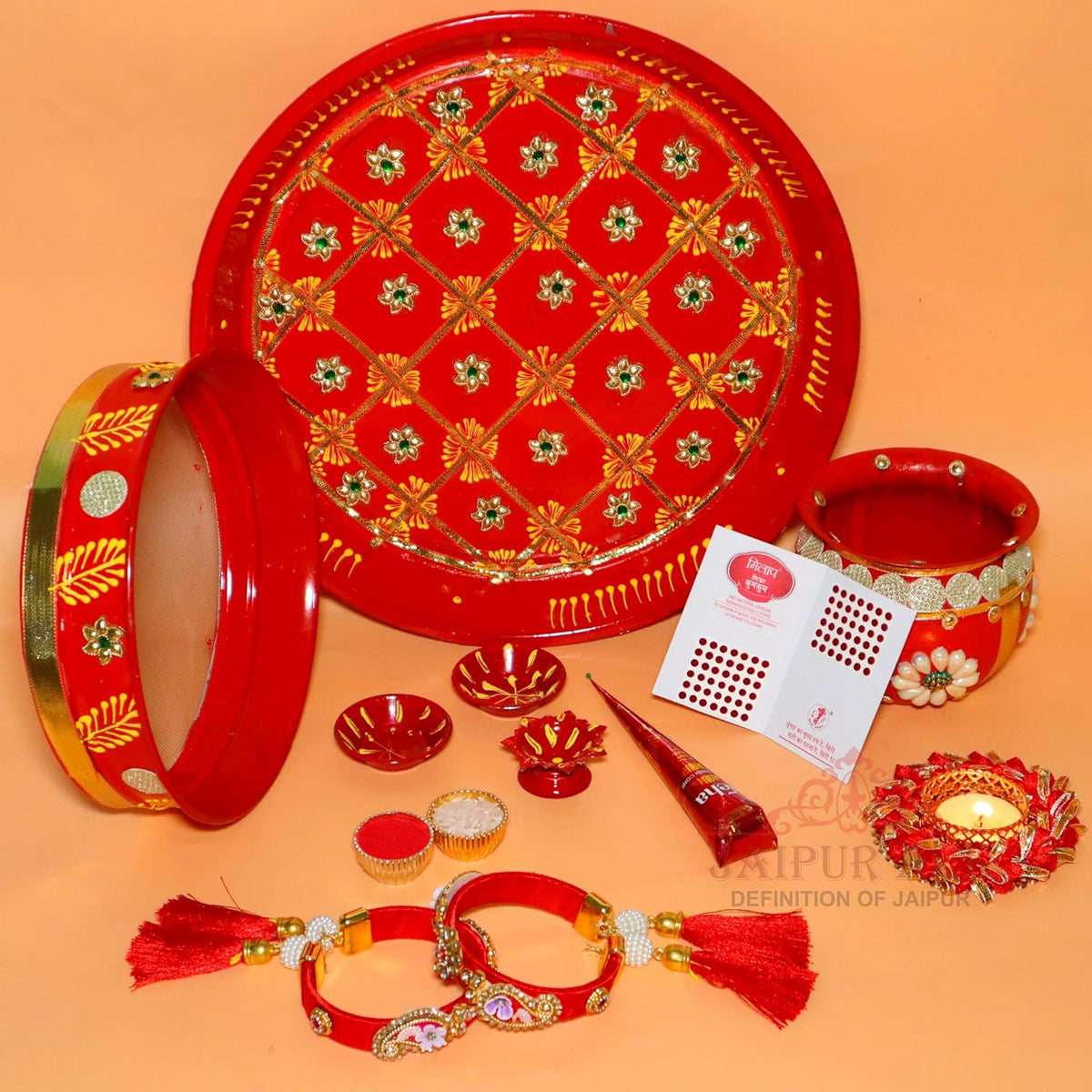 Ace Karwa Chauth Traditional and Decorative Pooja Thali Set | Stainless Steel Thali Set | Lota, Kalash, Diya, and Bowls | Trafitional Poooja Thalis | Channi Lota Included (Pattern 9)