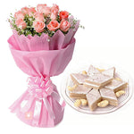 Luminious Pinky Rose Bouquet N Kaju Katli Gift