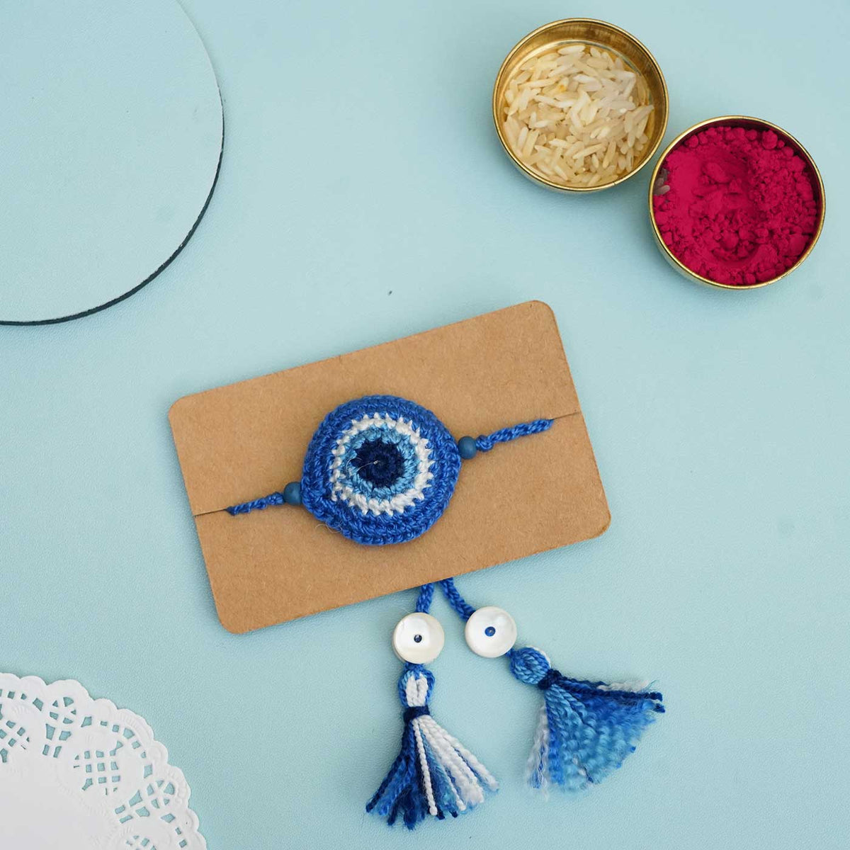 Handmade Crochet Evil Eye Kids Rakhi With Roli Chawal