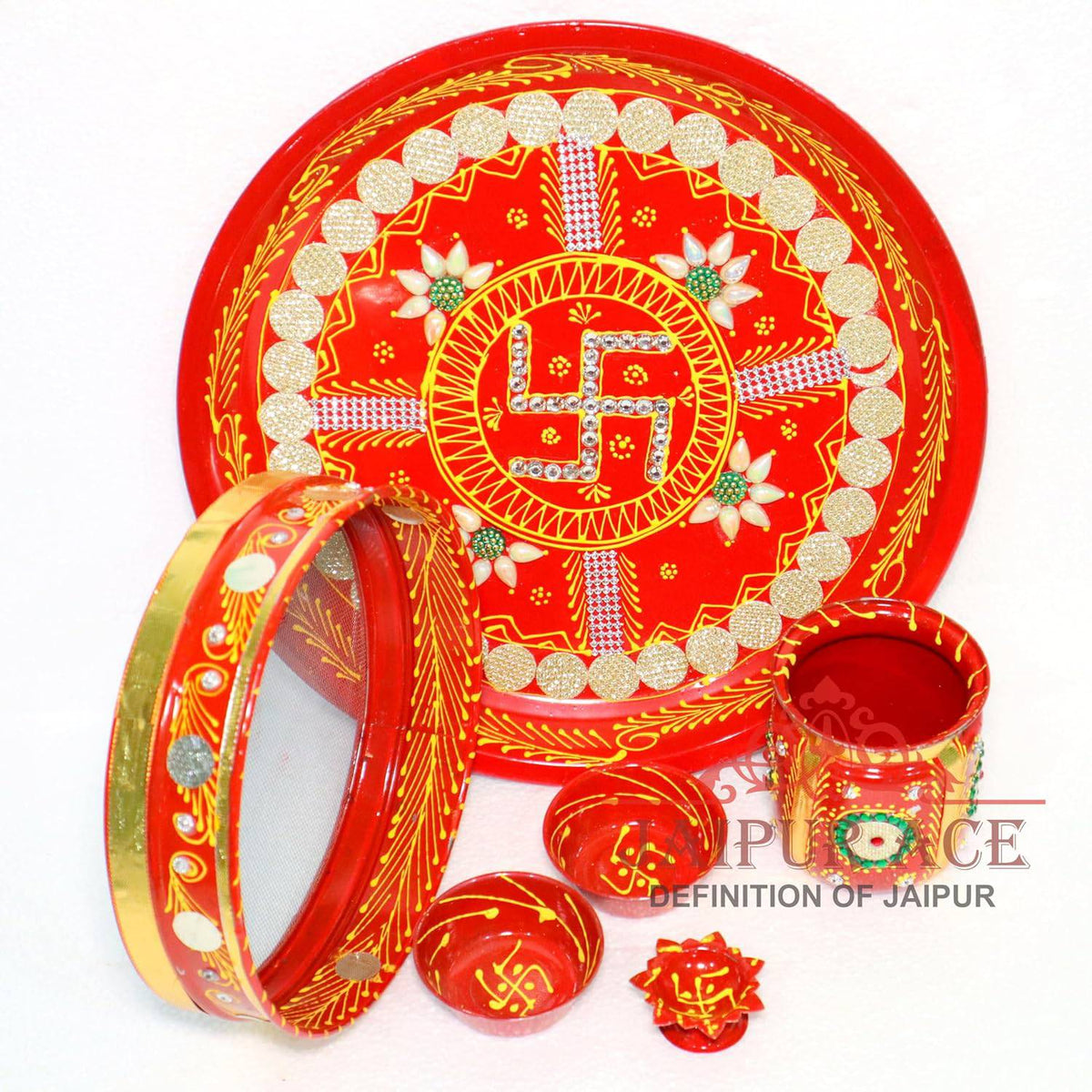 Ace Karwa Chauth Traditional and Decorative Pooja Thali Set | Stainless Steel Thali Set | Lota, Kalash, Diya, and Bowls | Trafitional Poooja Thalis | Channi Lota Included (Pattern 9)