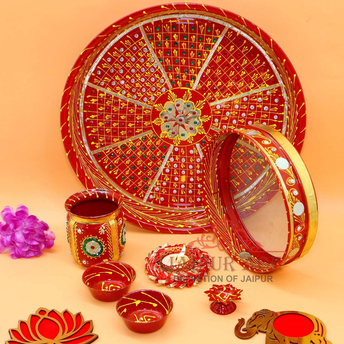 Ace Karwa Chauth Traditional and Decorative Pooja Thali Set | Stainless Steel Thali Set | Lota, Kalash, Diya, and Bowls | Trafitional Poooja Thalis | Channi Lota Included (Pattern 9)