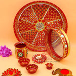 Ace Karwa Chauth Traditional and Decorative Pooja Thali Set | Stainless Steel Thali Set | Lota, Kalash, Diya, and Bowls | Trafitional Poooja Thalis | Channi Lota Included (Pattern 9)