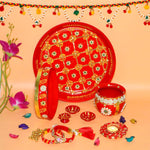 Ace Karwa Chauth Traditional and Decorative Pooja Thali Set | Stainless Steel Thali Set | Lota, Kalash, Diya, and Bowls | Trafitional Poooja Thalis | Channi Lota Included (Pattern 9)