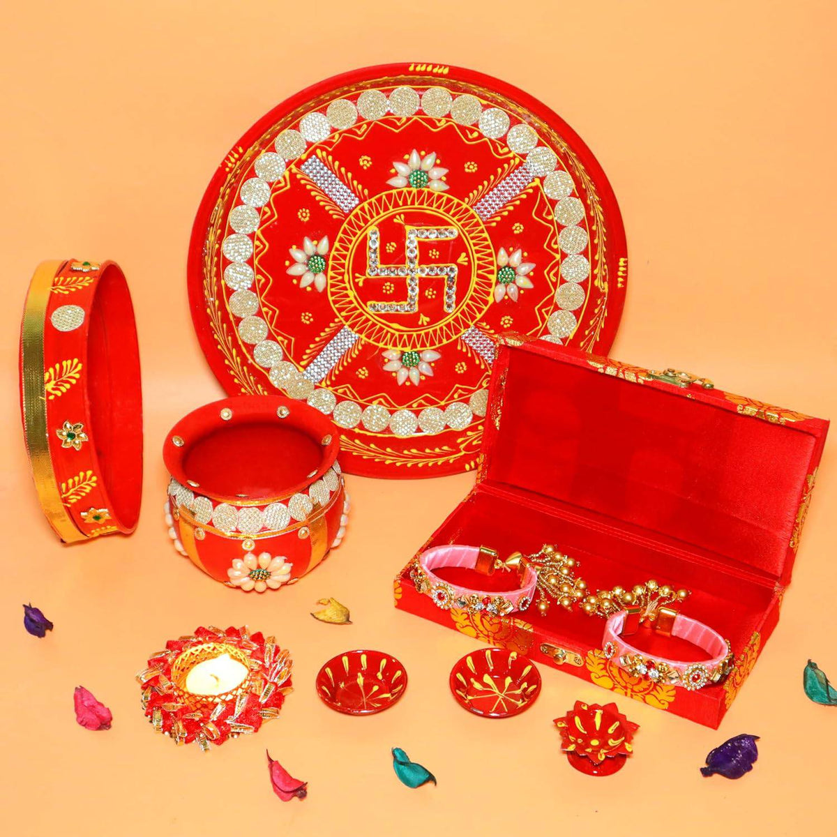 Ace Karwa Chauth Traditional and Decorative Pooja Thali Set | Stainless Steel Thali Set | Lota, Kalash, Diya, and Bowls | Trafitional Poooja Thalis | Channi Lota Included (Pattern 9)