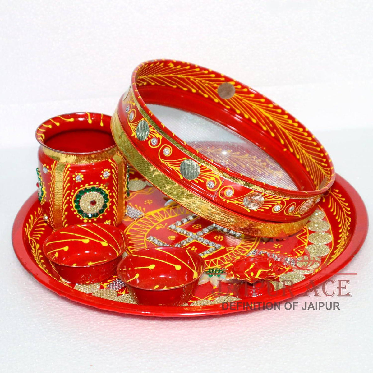 Ace Karwa Chauth Traditional and Decorative Pooja Thali Set | Stainless Steel Thali Set | Lota, Kalash, Diya, and Bowls | Trafitional Poooja Thalis | Channi Lota Included (Pattern 9)