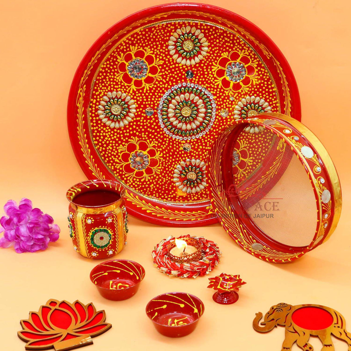 Ace Karwa Chauth Traditional and Decorative Pooja Thali Set | Stainless Steel Thali Set | Lota, Kalash, Diya, and Bowls | Trafitional Poooja Thalis | Channi Lota Included (Pattern 9)