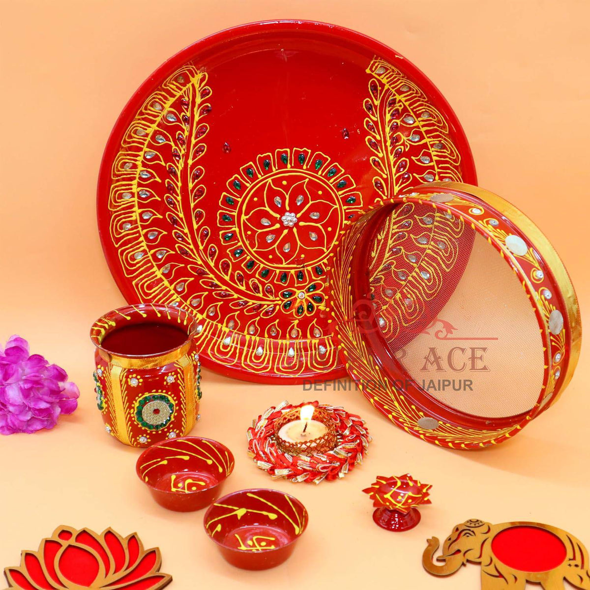 Ace Karwa Chauth Traditional and Decorative Pooja Thali Set | Stainless Steel Thali Set | Lota, Kalash, Diya, and Bowls | Trafitional Poooja Thalis | Channi Lota Included (Pattern 9)