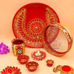 Ace Karwa Chauth Traditional and Decorative Pooja Thali Set | Stainless Steel Thali Set | Lota, Kalash, Diya, and Bowls | Trafitional Poooja Thalis | Channi Lota Included (Pattern 9)