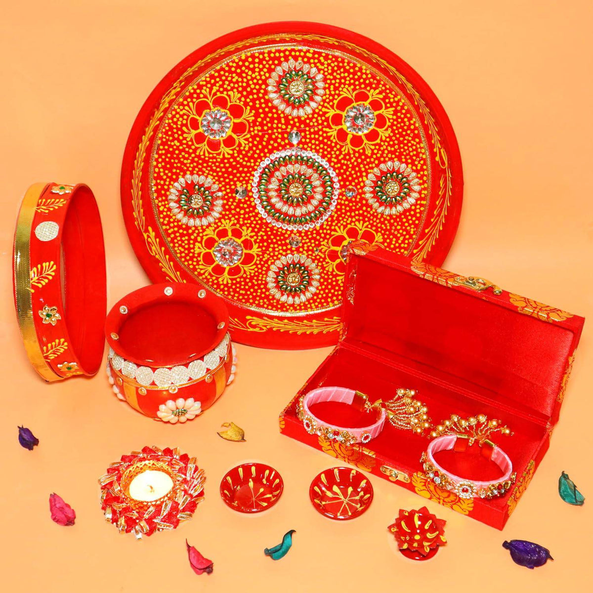 Ace Karwa Chauth Traditional and Decorative Pooja Thali Set | Stainless Steel Thali Set | Lota, Kalash, Diya, and Bowls | Trafitional Poooja Thalis | Channi Lota Included (Pattern 9)