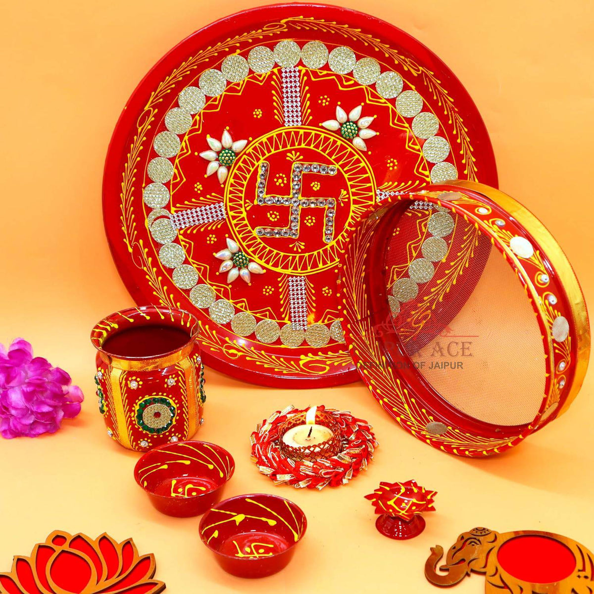 Ace Karwa Chauth Traditional and Decorative Pooja Thali Set | Stainless Steel Thali Set | Lota, Kalash, Diya, and Bowls | Trafitional Poooja Thalis | Channi Lota Included (Pattern 9)