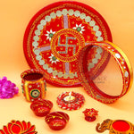 Ace Karwa Chauth Traditional and Decorative Pooja Thali Set | Stainless Steel Thali Set | Lota, Kalash, Diya, and Bowls | Trafitional Poooja Thalis | Channi Lota Included (Pattern 9)