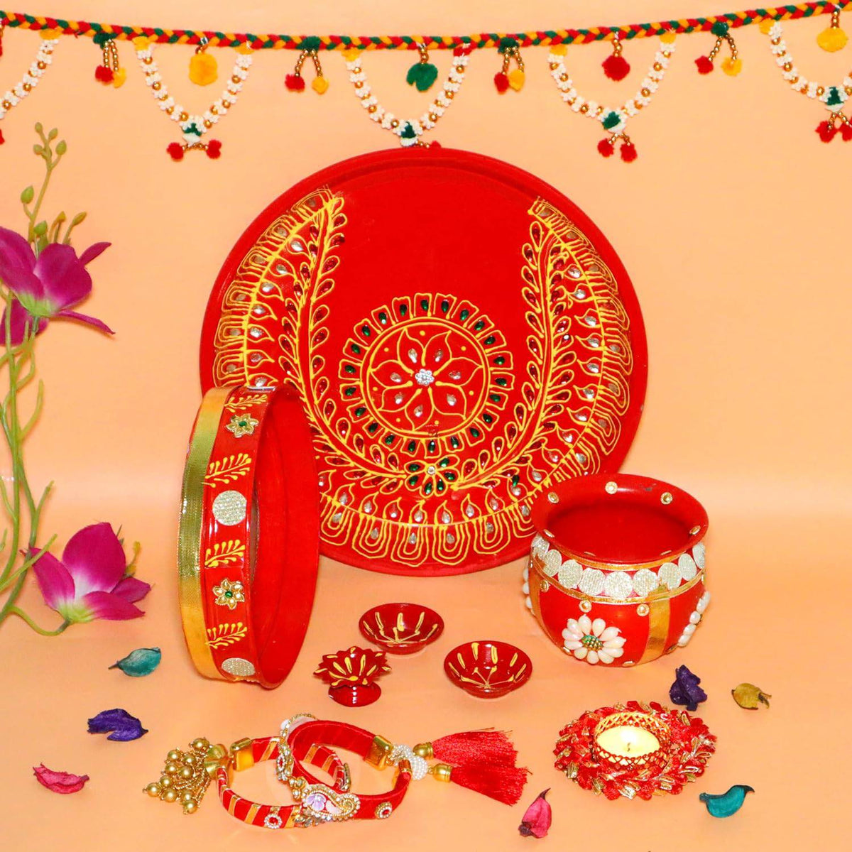 Ace Karwa Chauth Traditional and Decorative Pooja Thali Set | Stainless Steel Thali Set | Lota, Kalash, Diya, and Bowls | Trafitional Poooja Thalis | Channi Lota Included (Pattern 9)