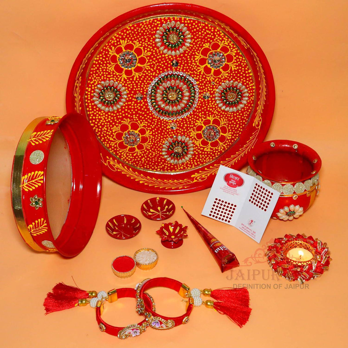 Ace Karwa Chauth Traditional and Decorative Pooja Thali Set | Stainless Steel Thali Set | Lota, Kalash, Diya, and Bowls | Trafitional Poooja Thalis | Channi Lota Included (Pattern 9)