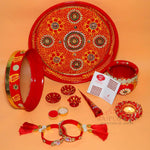 Ace Karwa Chauth Traditional and Decorative Pooja Thali Set | Stainless Steel Thali Set | Lota, Kalash, Diya, and Bowls | Trafitional Poooja Thalis | Channi Lota Included (Pattern 9)