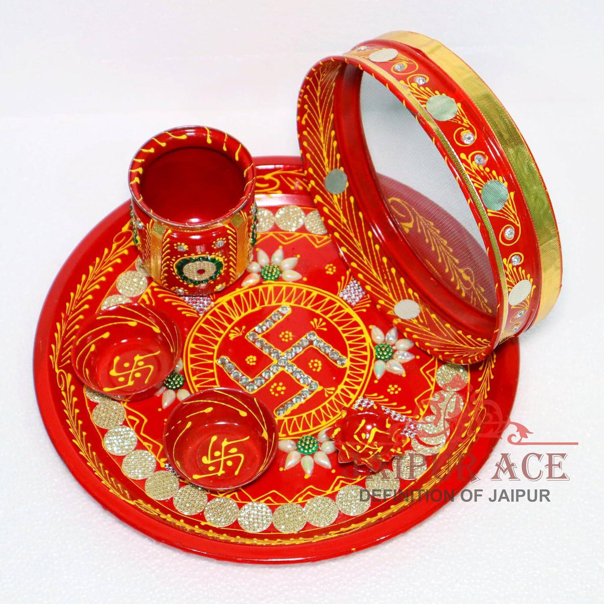 Ace Karwa Chauth Traditional and Decorative Pooja Thali Set | Stainless Steel Thali Set | Lota, Kalash, Diya, and Bowls | Trafitional Poooja Thalis | Channi Lota Included (Pattern 9)
