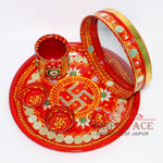 Ace Karwa Chauth Traditional and Decorative Pooja Thali Set | Stainless Steel Thali Set | Lota, Kalash, Diya, and Bowls | Trafitional Poooja Thalis | Channi Lota Included (Pattern 9)