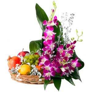 Basket Of Flowers And Fruits