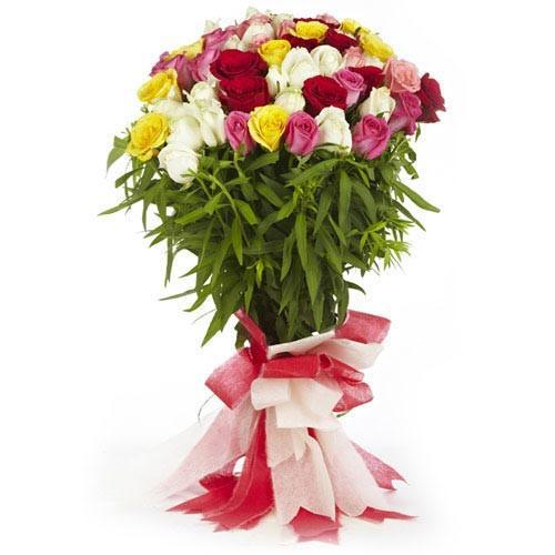 Colorful Mixed Roses And Fresh Green Fillers