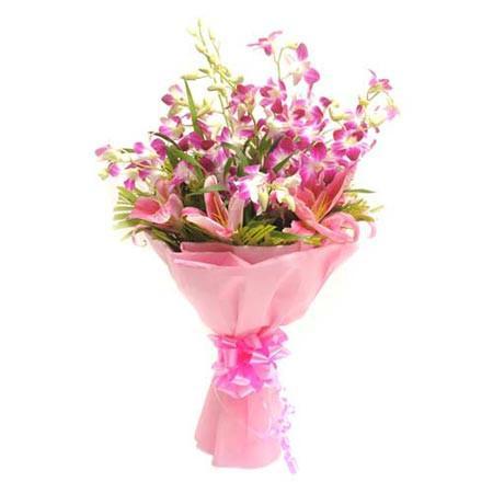 Purple Orchids And Pink Lilies